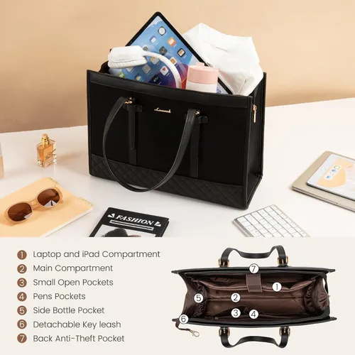 Miniatura 5 de LOVEVOOK Bolsa para Laptop para Mujeres de 15.6 pulgadas Bolsa Tote de Lona para Laptop, Bolsa de Trabajo de Gran Capacidad con Bolso de Mano, Bolsa