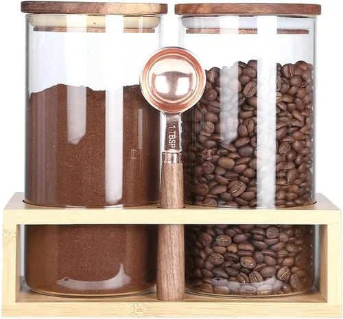 Miniatura 16 de KKC HOME ACCENTS Frascos herméticos de vidrio de borosilicato para almacenamiento de alimentos con tapas de madera y cuchara para café, té, azúcar