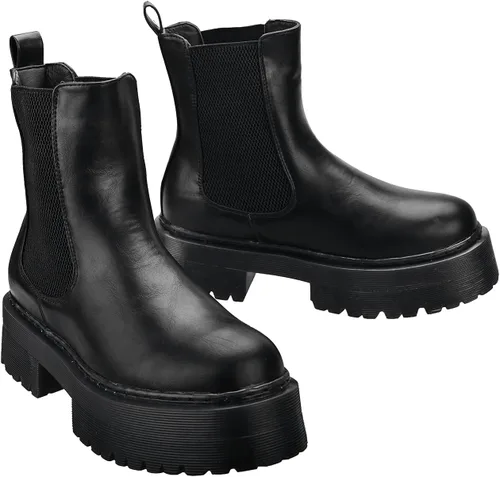 Miniatura 4 de KEIIYJ Botines Chelsea de tacón bajo con plataforma para mujer en negro (KEY6)