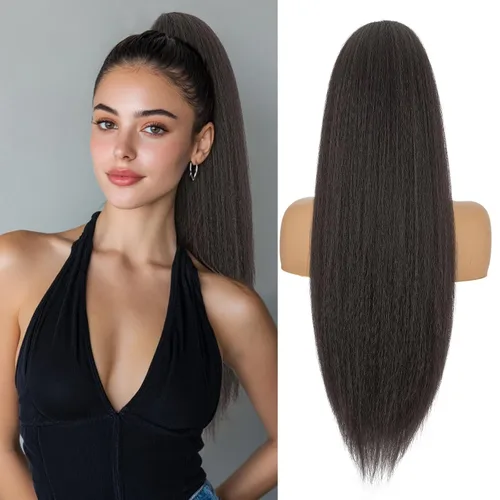 Miniatura 12 de Benehair Extensión de cola de caballo con cordón, 24 pulgadas de largo, pelo sintético lacio, extensiones de cabello de cola de caballo con clip
