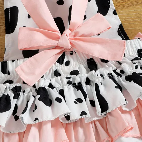 Miniatura 4 de IDOPIP Baby Girls Cow Print Romper Summer Sleeveless Jumpsuit Ruffle Backless Sunsuit Dress with Headband Cow Birthday Outfit