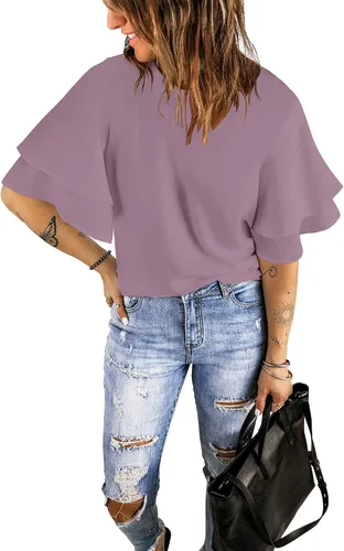Miniatura 4 de luvamia Blusa casual de manga acampanada de 34 con cuello redondo para mujer
