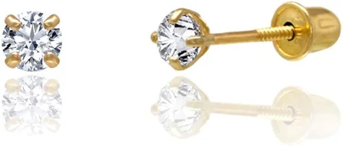 Miniatura 2 de 14kt Solid Yellow Gold Superbright Clear Cz Basket Setting Round Screwback Stud Earrings
