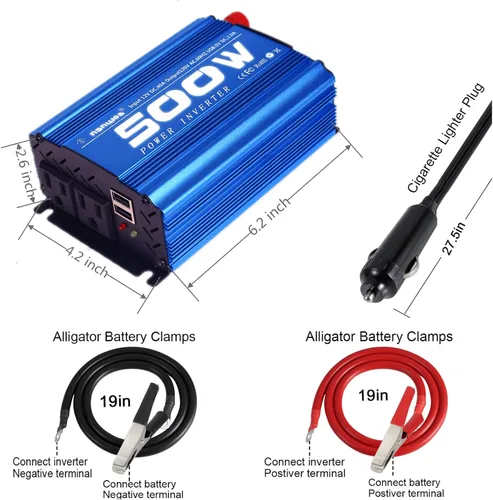 Miniatura 2 de Inversor de corriente para automóvil, tasa de inversor de 500 W/pico de 1000 W DC12V a CA 110 V RV inversor con 2 salidas de CA y 2 puertos USB