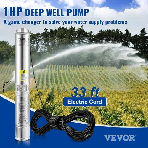 Miniatura 2 de VEVOR Bomba Sumergible de Pozo Profundo, 1HP 115V/60Hz, Flujo de 37gpm Cabeza de 207ft, con Cable Eléctrico de 33ft, Bomba de Agua de Acero