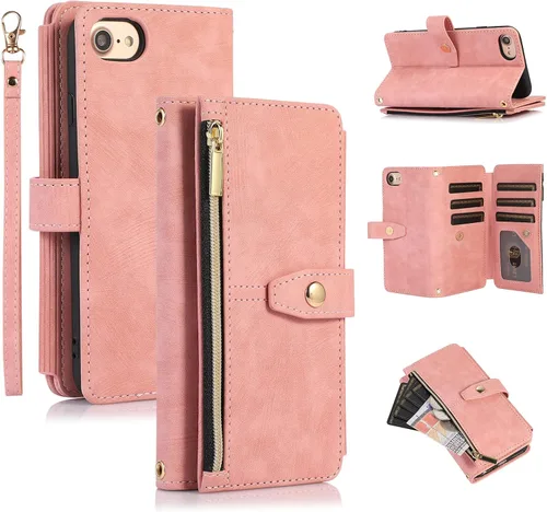 Miniatura 12 de UEEBAI Funda tipo cartera para iPhone SE 2022 5G/iPhone 7/iPhone 8/iPhone SE 2020, retro con 9 ranuras para tarjetas, bolsillo con cremallera, funda