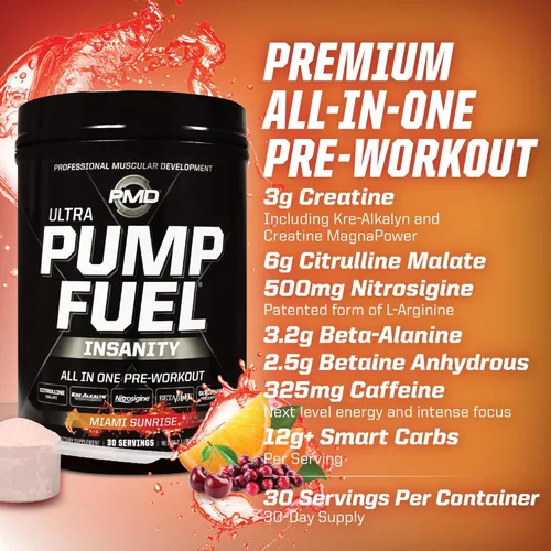Miniatura 7 de PMD Sports Pump Fuel Ultra Insanity - Polvo de preentrenamiento premium y bomba muscular, mayor enfoque, resistencia y recuperación, creatina Miami