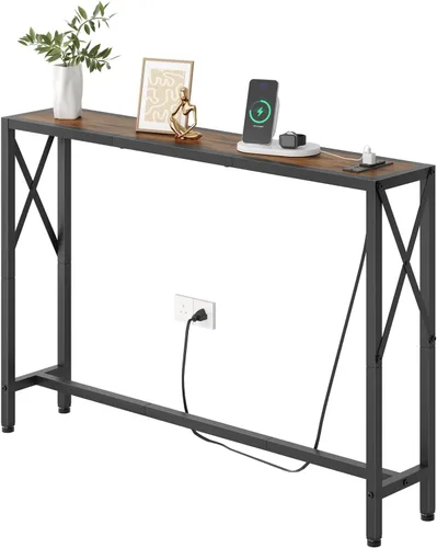 Miniatura 18 de Gewudraw Mesa consola de 41.7 pulgadas con tomacorriente, mesa estrecha detrás del sofá, diseño industrial delgado para pasillo, entrada, sala