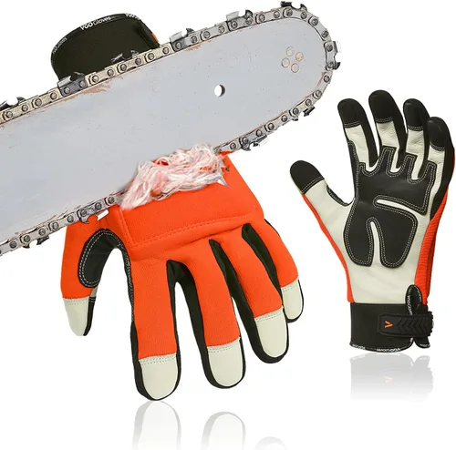 Miniatura 9 de Vgo... Guantes de motosierra, protección de sierra de 12 capas en la parte trasera izquierda/ambas manos, guantes de cuero de vaca, pantalla táctil