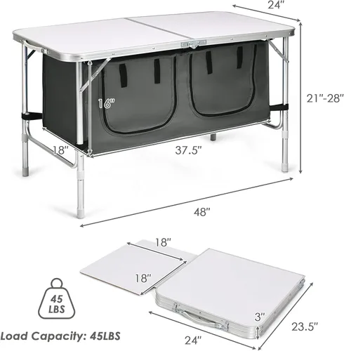 Miniatura 2 de GYMAX Mesa de campamento plegable con almacenamiento, mesa plegable de aluminio portátil de altura ajustable, mesa de cocina ligera para campamento
