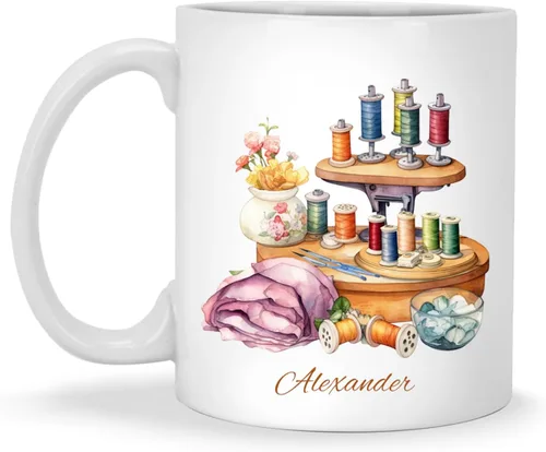 Miniatura 18 de Taza de café personalizada de pila de tela e hilos, Taza de máquina de coser, Taza de cerámica con nombre personalizado Regalos para amantes