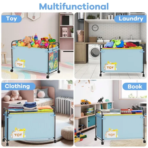Miniatura 7 de Caja de juguetes extra grande, organizador de almacenamiento de juguetes de 180L con ruedas, cofre de juguetes de metal y tela Oxford con asa, caja