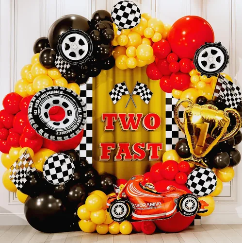 Miniatura 9 de Kit de arco de globos de coche de carreras TODO-EN-1 y guirnalda con TROFEO de REGALO y Número 2 - Globos de coches de carreras para suministros