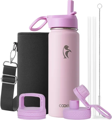 Miniatura 79 de Coolflask Botella de agua de 20 onzas aislada con pajilla, 3 tapas de metal de acero inoxidable, botella de agua de boca ancha para deportes u