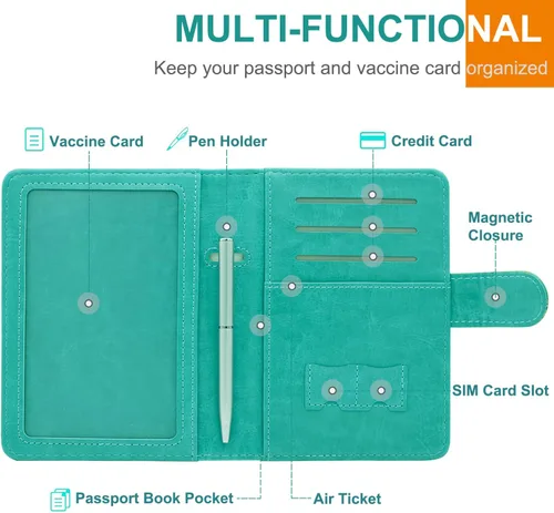 Miniatura 6 de RSAquar Combo de portatarjetas de pasaporte y vacunación, funda de pasaporte, funda de cuero para tarjetas de viaje, accesorios con bloqueo RFID