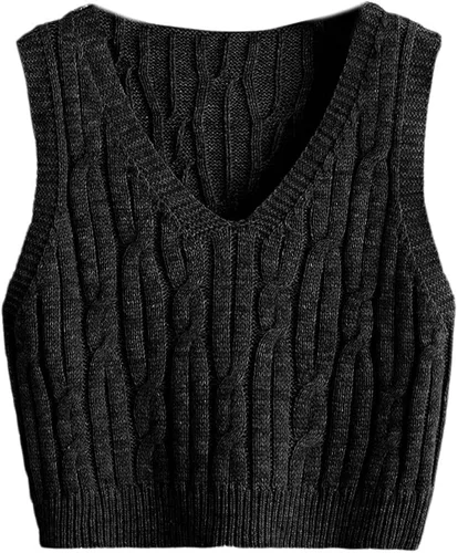 Miniatura 5 de Romwe Suéter corto de punto trenzado para mujer, estilo preppy, sin mangas, cuello en V, camiseta sin mangas