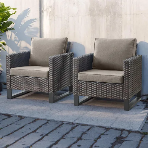 Miniatura 90 de HUMMUH Juego de 2 sillas giratorias para patio, mimbre de polietileno, para exteriores, bistró, porche, balcón, muebles con cojines Gris/gris