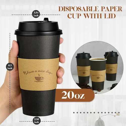 Miniatura 2 de LITOPAK Paquete de 50 tazas de café de papel de 20 onzas para bebidas de chocolate caliente, tazas de café desechables negras con tapas, fundas y 20