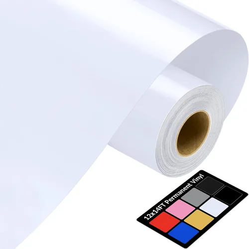 Vinilo blanco de 12 pulgadas x 14 pies, vinilo permanente blanco brillante con respaldo de PET [más fácil que nunca deja residuos], adhesivo