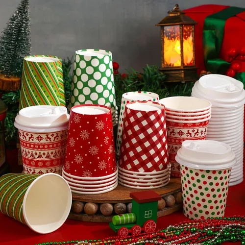 Miniatura 4 de Zhehao 90 piezas/30 juegos de tazas de café de papel navideñas con tapas y fundas, tazas de papel desechables para cacao caliente y fiestas