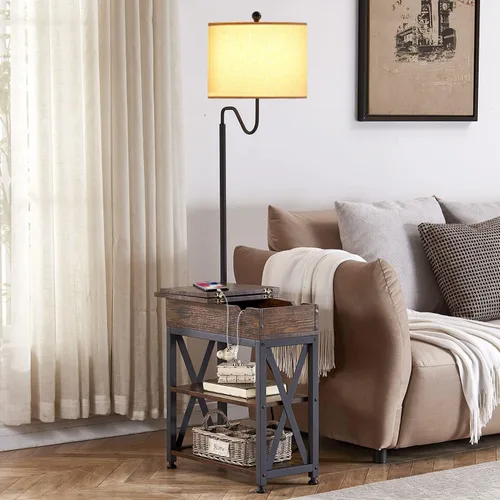Lámpara de pie Dungoo con mesa, mesa auxiliar estrecha con lámpara, mesita de noche junto a la cama con puertos USB y Type-C y 2 tomas de corriente,