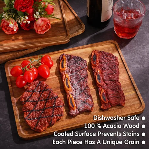 Miniatura 5 de Roowest Paquete de 5 bandejas de madera de acacia maciza para grabado láser, tablero rectangular de madera para aperitivos de alimentos, platos