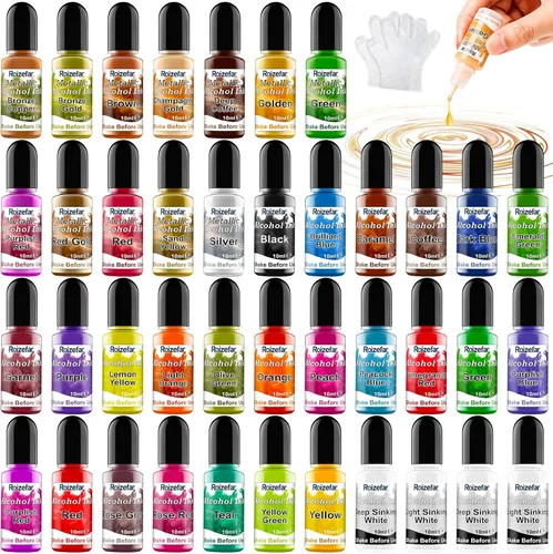 Roizefar Juego de tinta de alcohol - 40 botellas de colores vívidos de alta concentración, pintura metálica a base de alcohol, tinte de resina, 40