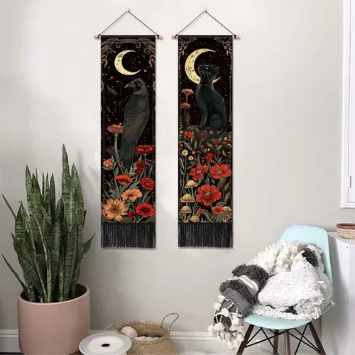 Miniatura 8 de ARTCREATOR Paquete de 2 tapices verticales góticos de decoración de pared oscura caprichosa, diseño de cuervo de gato negro, místico, luna bruja