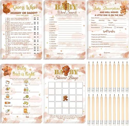 Miniatura 31 de Yinder 145 tarjetas de actividades para juegos de baby shower con 20 lápices, incluye descripción de bingo para bebés y deseos, adivina quién es