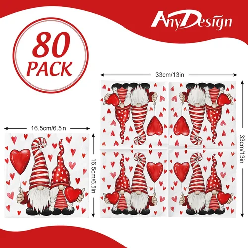 Miniatura 2 de Paquete de 80 servilletas de papel para el día de San Valentín, diseño de gnomo y corazón, servilletas decorativas, para almuerzo, cena, cumpleaños