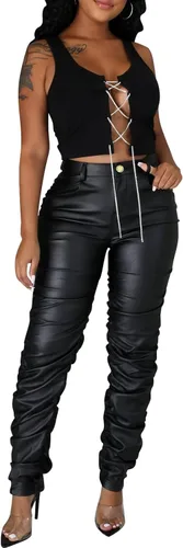 Miniatura 2 de hibshaby Sexy Club - Pantalones de piel sintética para mujer, cintura alta, fruncidos, apilados