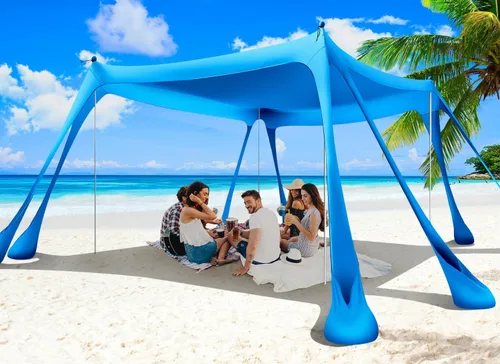 Miniatura 13 de Tienda de campaña de playa, toldo de playa de 10 x 10 pies, toldo de playa fácil de desplegar portátil UPF50+ con 8 sacos de arena, 2 palas