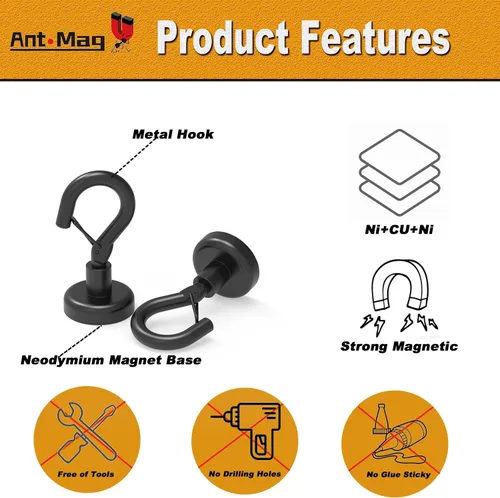 Miniatura 4 de Ant Mag Ganchos magnéticos negros resistentes con broche de presión de 22 libras, ganchos magnéticos fuertes, ideales para colgar en refrigerador