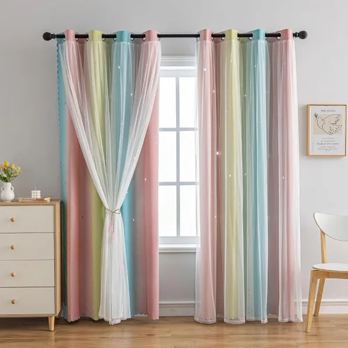 Miniatura 8 de Cortinas opacas con recortes de estrellas para dormitorio de niñas y niños, cortina de doble capa con aislamiento térmico y superposición
