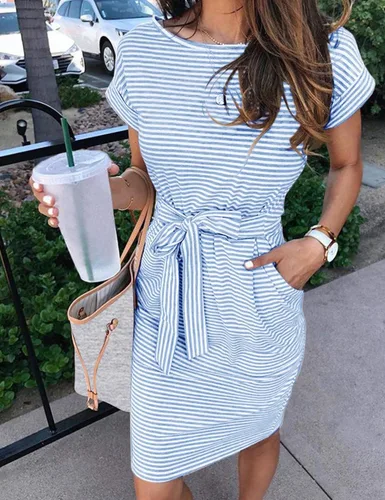 Miniatura 2 de MEROKEETY - Vestido de verano con manga corta, a rayas, casual, estilo camiseta, con lazo en la cintura y bolsillos, para mujer