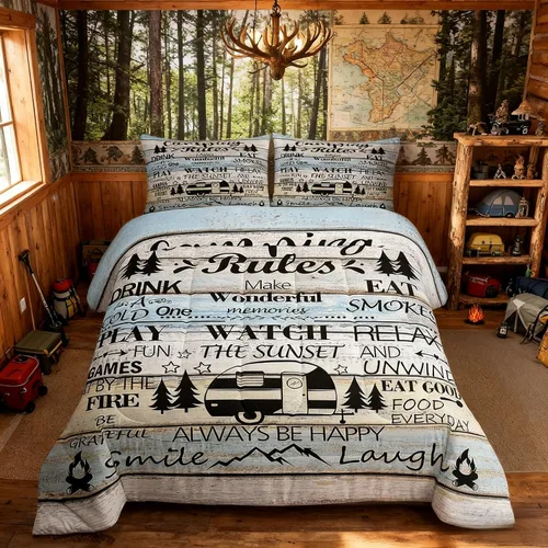 Miniatura 64 de Juego de Edredón para Acampar Feliz para Niños Tamaño Individual, Juego de Ropa de Cama Rústica de Aventura de Granja y Cabaña, Decoración
