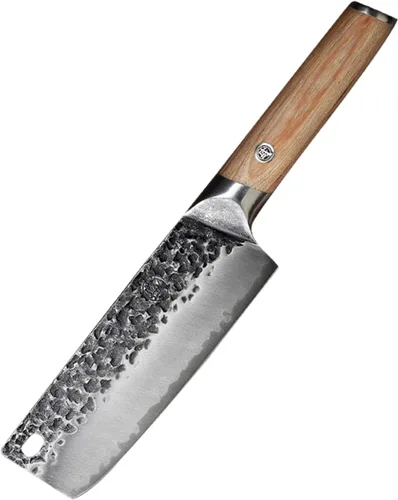 MITSUMOTO SAKARI Cuchillo japonés Nakiri de 7 pulgadas, acero SKD-11 | Wide 2mm Nakiri blade for vegetable push cuts, 3-layer SKD-11 steel, textured