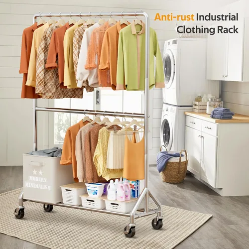 Miniatura 7 de AOODA Perchero de ropa resistente de 50 pulgadas de ancho para colgar ropa, perchero industrial de doble barra con ruedas, perchero resistente