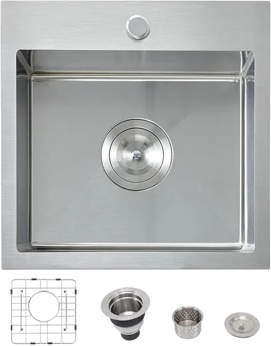 15x15 Inch Drop In Bar Sinks, Top Mount Handmade Single Bowl Small Kitchen Sink, 16 Gauge Stainless Steel Brushed Nickel for Wet Bar Prep RV Outdoor
