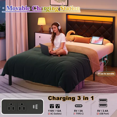 Miniatura 5 de Base de cama individual con estación de carga, luz LED y cabecera tapizada de piel sintética, base de cama de plataforma con almacenamiento debajo