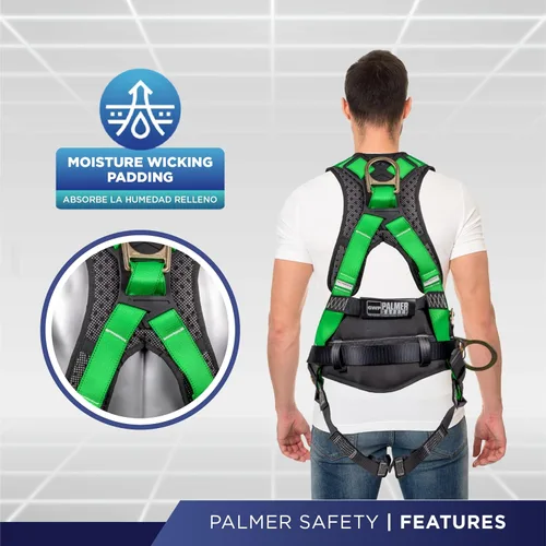 Miniatura 4 de Palmer Safety Hammerhead - Arnés de seguridad acolchado de 5 puntos, pecho QCB, correas de patas con hebilla de lengua, anillos en D traseros y Verde