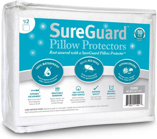 Miniatura 11 de SureGuard juego de 2 protectores de almohada, 100% impermeables, a prueba de insectos, hipoalergénicos, fundas premium de algodón rizado