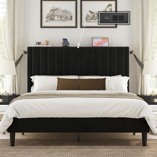Miniatura 3 de VanAcc Base de cama tamaño Queen, plataforma tapizada de terciopelo con cabecera capitoné de canal, base de colchón con listones de madera,