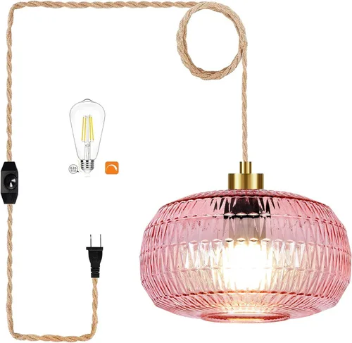 Miniatura 12 de QIYIZM Lámpara colgante enchufable con cable de enchufe, lámpara colgante bohemia regulable, pantalla de bambú tejida de mimbre de ratán, lámpara