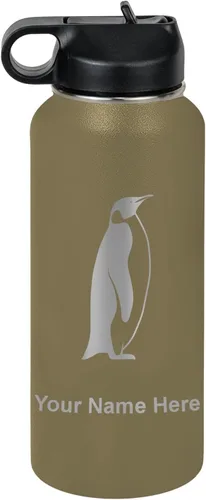 Miniatura 21 de LaserGram Botella de agua personalizada, pingüino, acero inoxidable de doble pared aislada al vacío con popote superior, regalo grabado