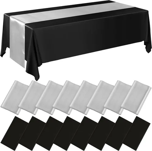 Miniatura 10 de Tudomro 16 piezas de manteles de plástico desechables negros y rosa fuerte y juego de camino de mesa de satén 54 x 108 pulgadas Mantel 12 x 108