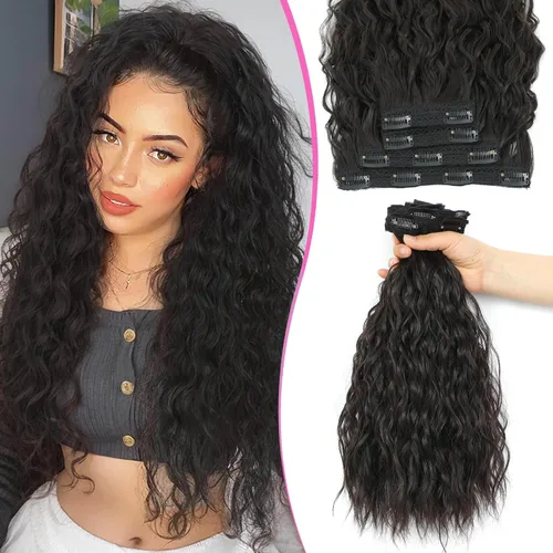 Miniatura 10 de Extensiones de cabello con clip de 20 pulgadas, 4 piezas, color sirena ondulado, rizado, grueso, invisible, trama de encaje color castaño ceniza