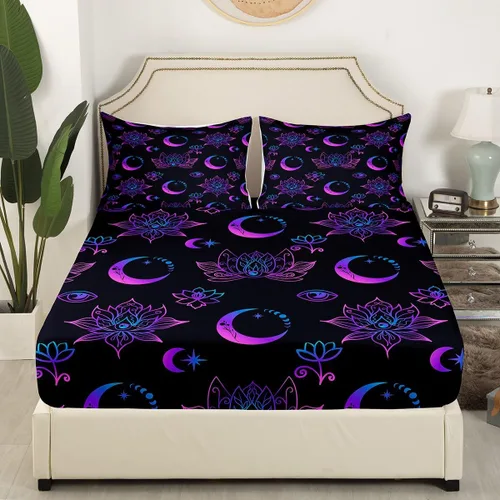 Miniatura 3 de Erosebridal Juego de sábanas tamaño individual con estampado de luna, diseño de flores de loto, color morado degradado, juego de sábanas orientales