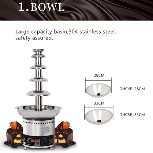 Miniatura 4 de Fuente de fondue de chocolate de acero inoxidable de 4 niveles, pantalla digital, máquina eléctrica comercial de fuente de chocolate, capacidad de 7
