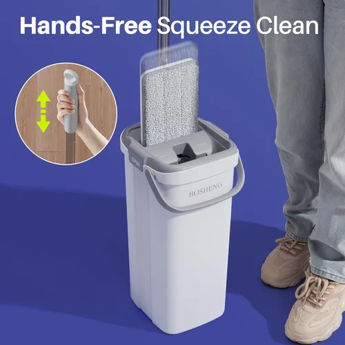 Miniatura 7 de BOSHENG Juego de trapeador y cubo, trapeadores planos para limpieza de pisos, trapeador de pared con mango extensible de 60 pulgadas, mopa de piso